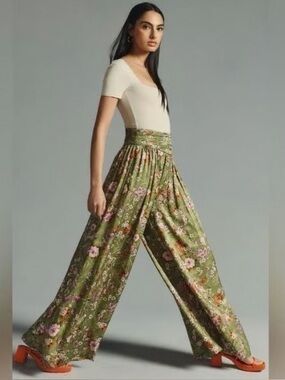 Anthropologie Olive Green Floral Wide-Leg Pants